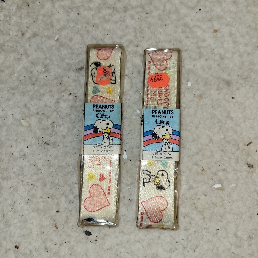 Vintage Peanuts Snoopy Ribbon Lot Of‎ 2 Offray 5 Ft Hearts Craft 1988 USA
